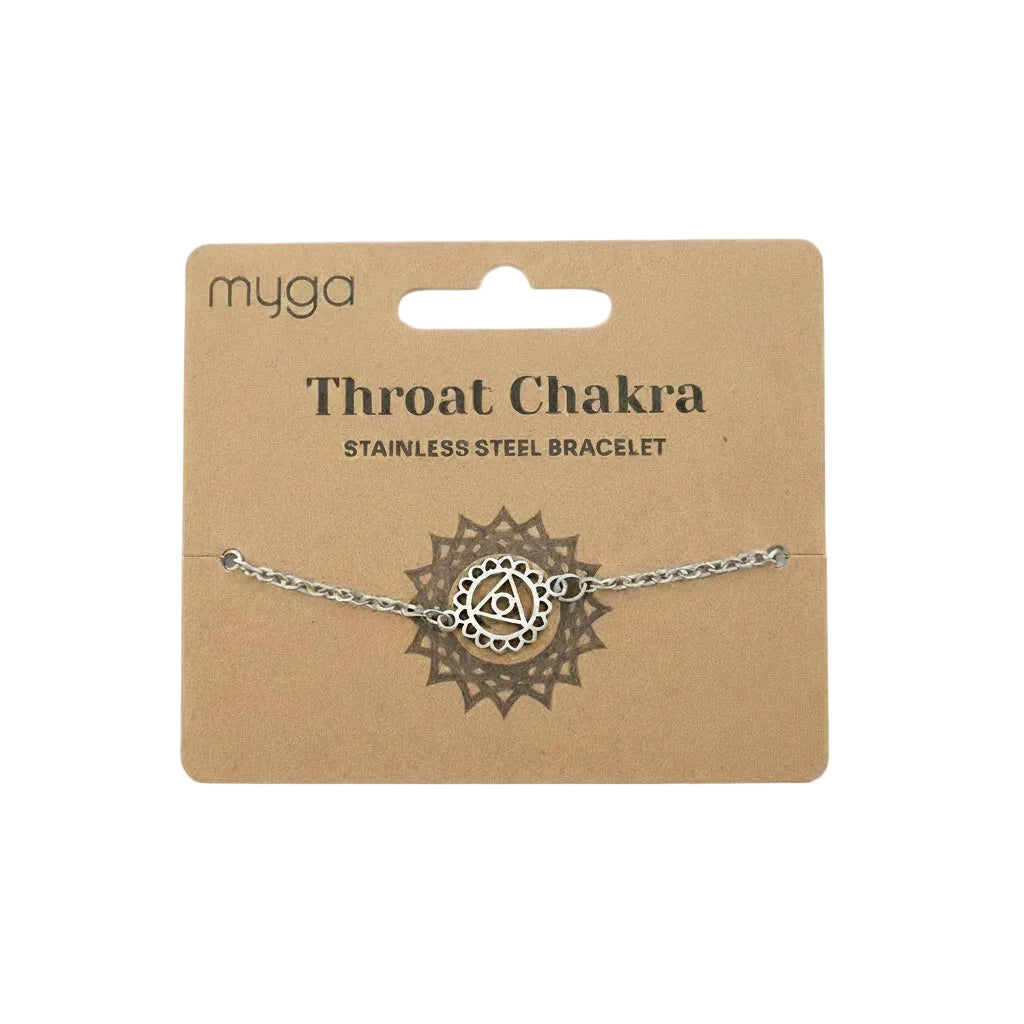 Silver 'Throat Chakra' bracelet on a cardboard box with 'myga' branding.