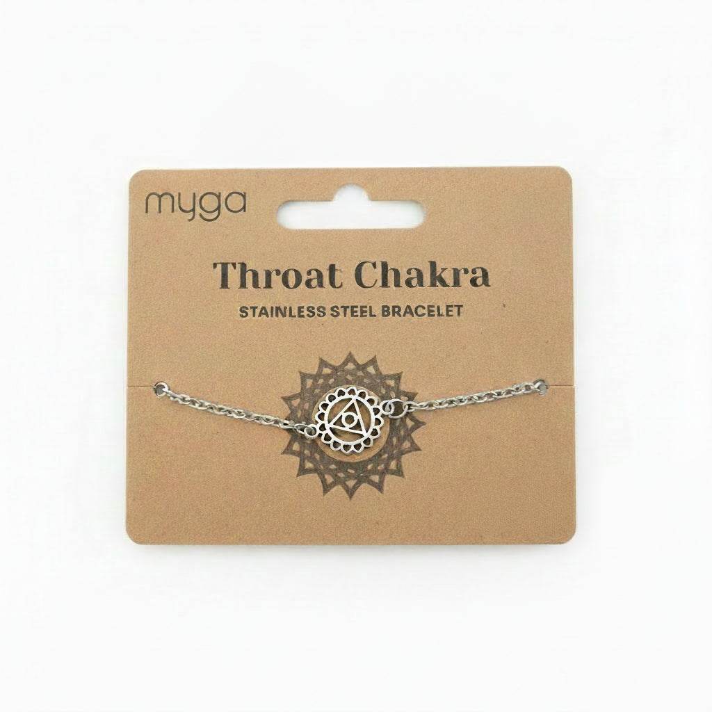 Silver 'Throat Chakra' bracelet on a cardboard box with 'myga' branding.