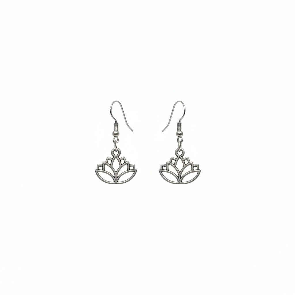Silver lotus flower earrings on a white background