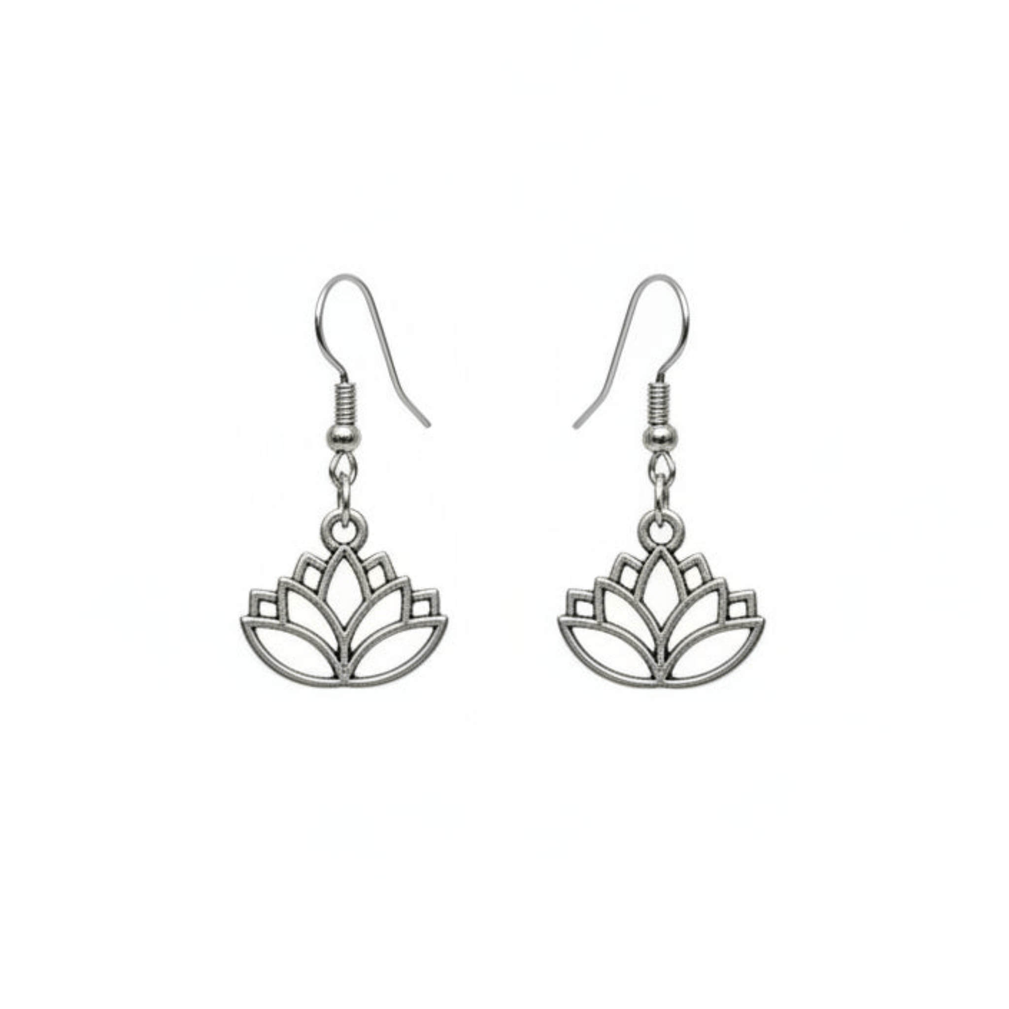 Silver lotus flower earrings on a white background