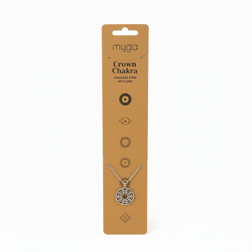 Crown Chakra necklace on a Myga branded packaging card with a white background