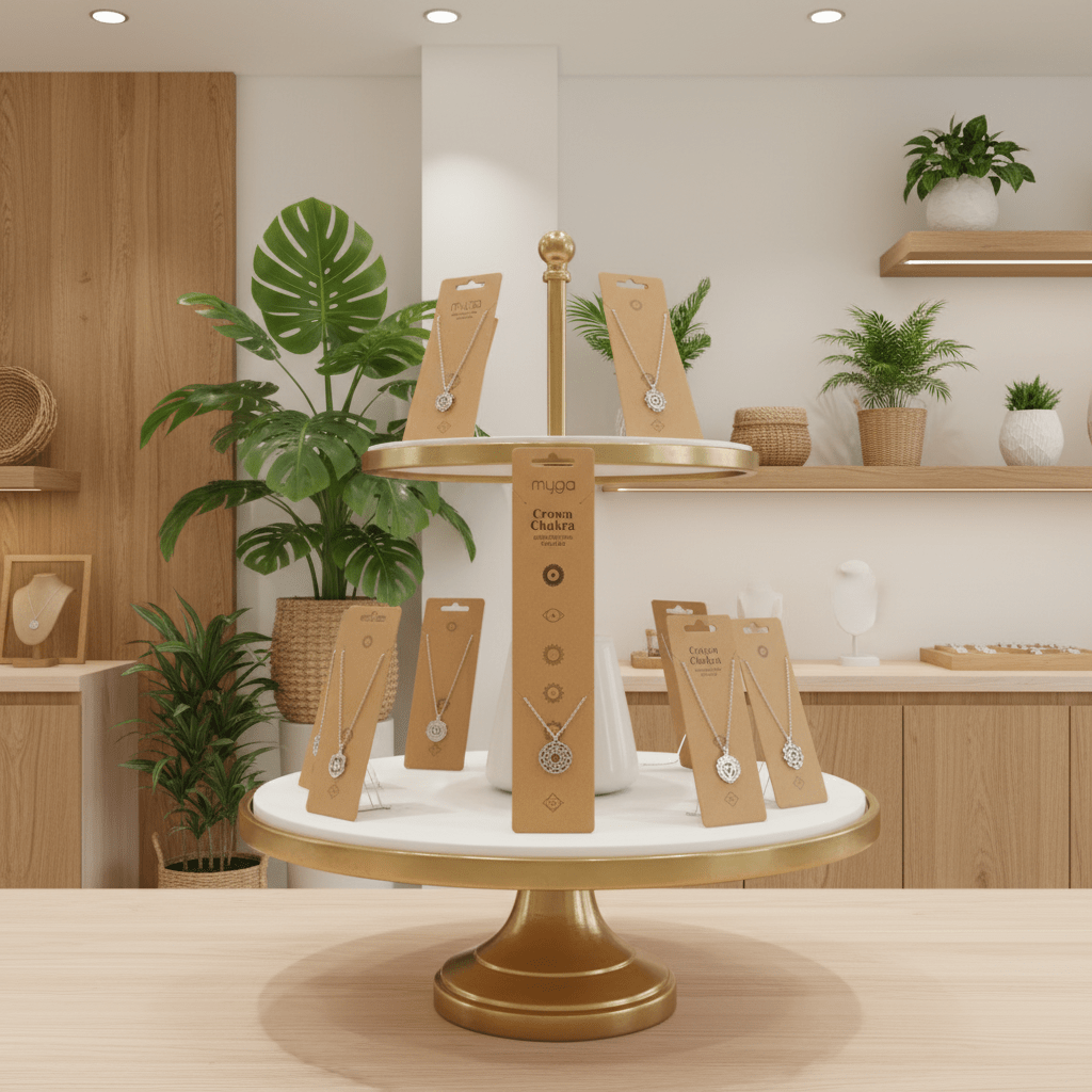 Display of jewelry boxes on a gold stand with plants in the background