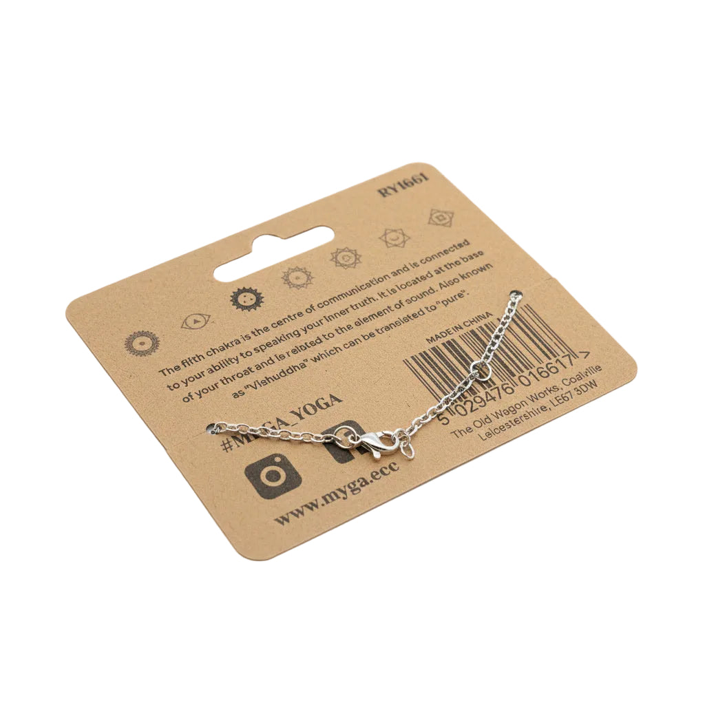 Silver bracelet on a Myga Yoga branded card with product details.