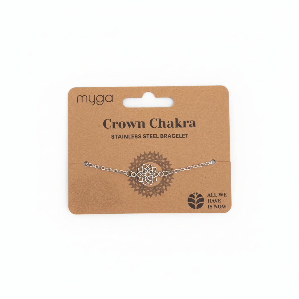 Crown Chakra stainless steel bracelet on a Myga branded card with a white background