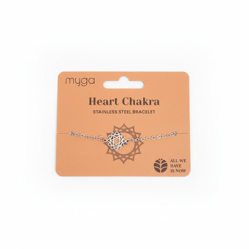 Heart Chakra bracelet on a Myga branded card with a white background
