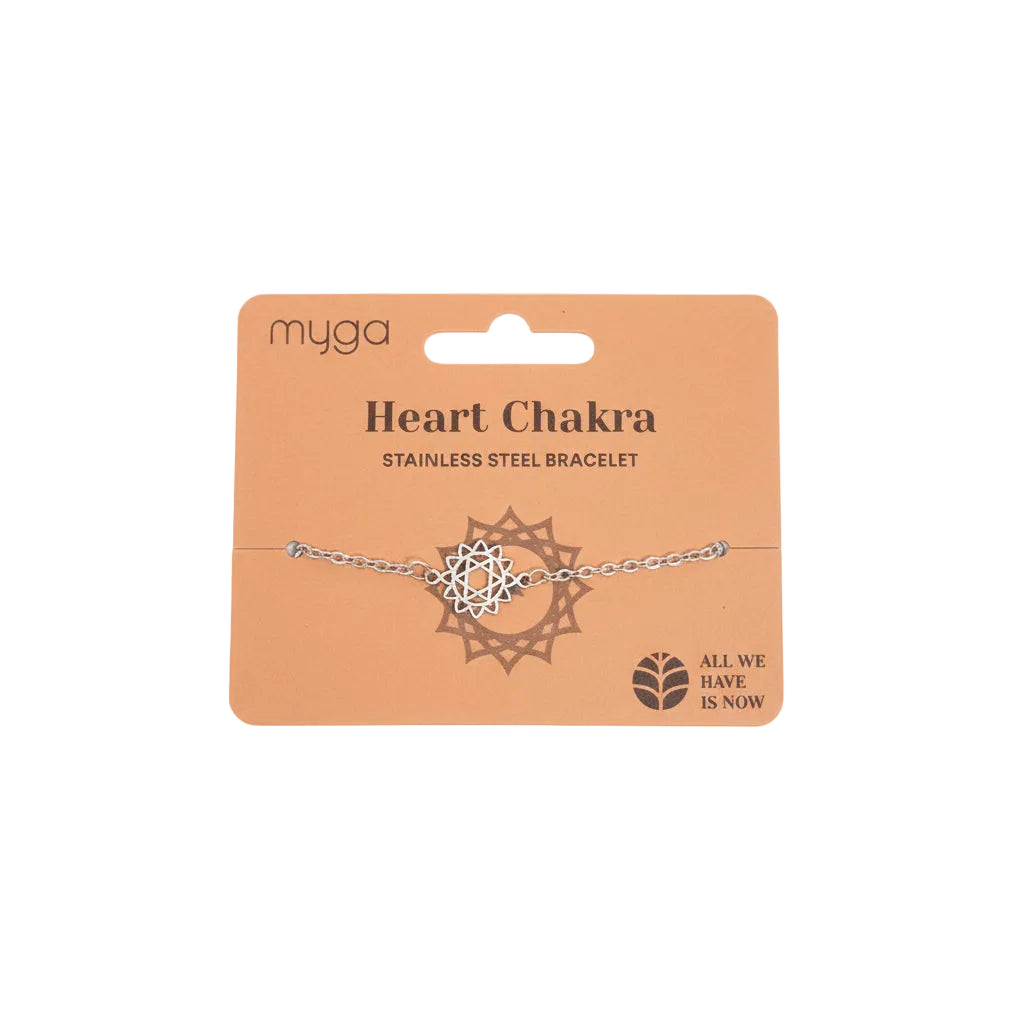 Heart Chakra bracelet on a Myga branded card with a white background