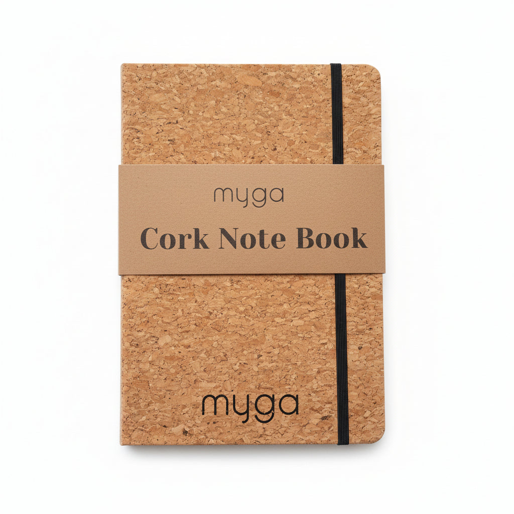 Cork notebook with 'myga' branding on a white background