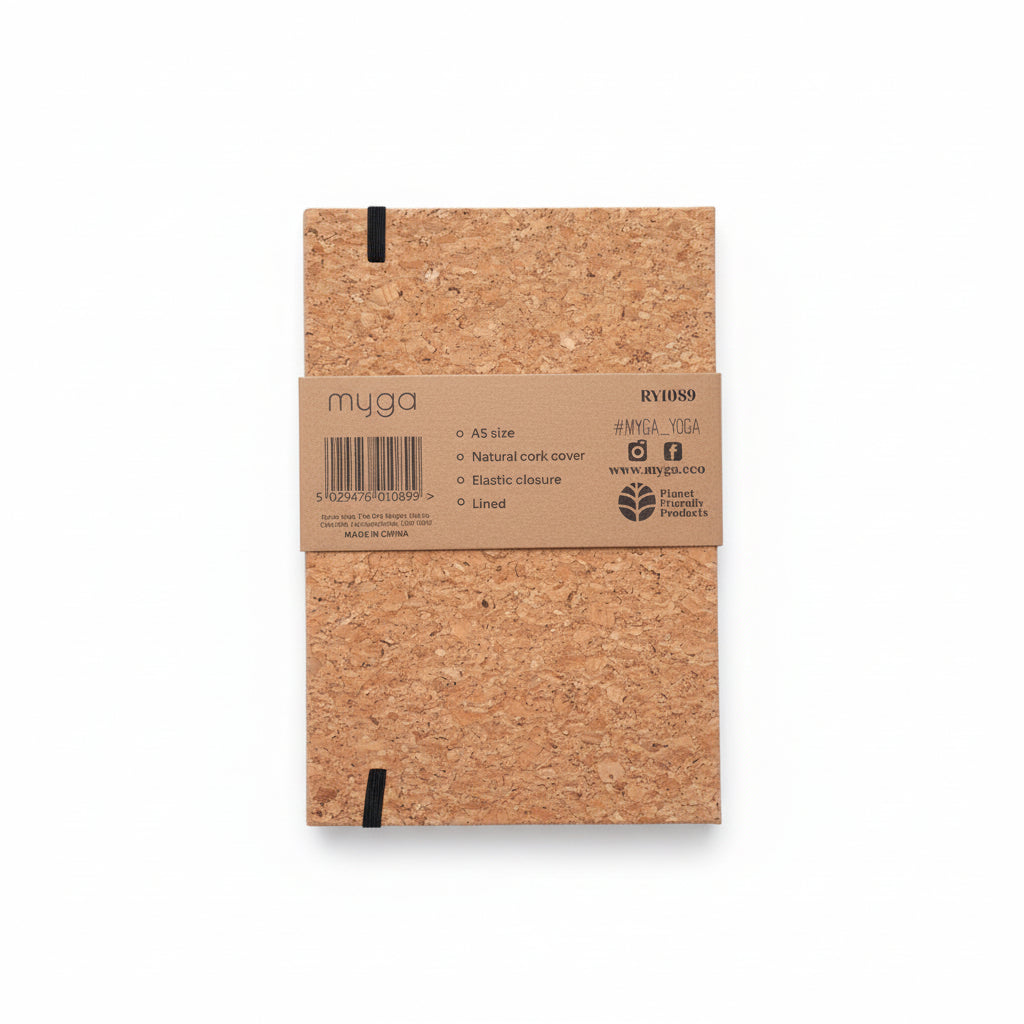Cork notebook with Muya branding on a white background
