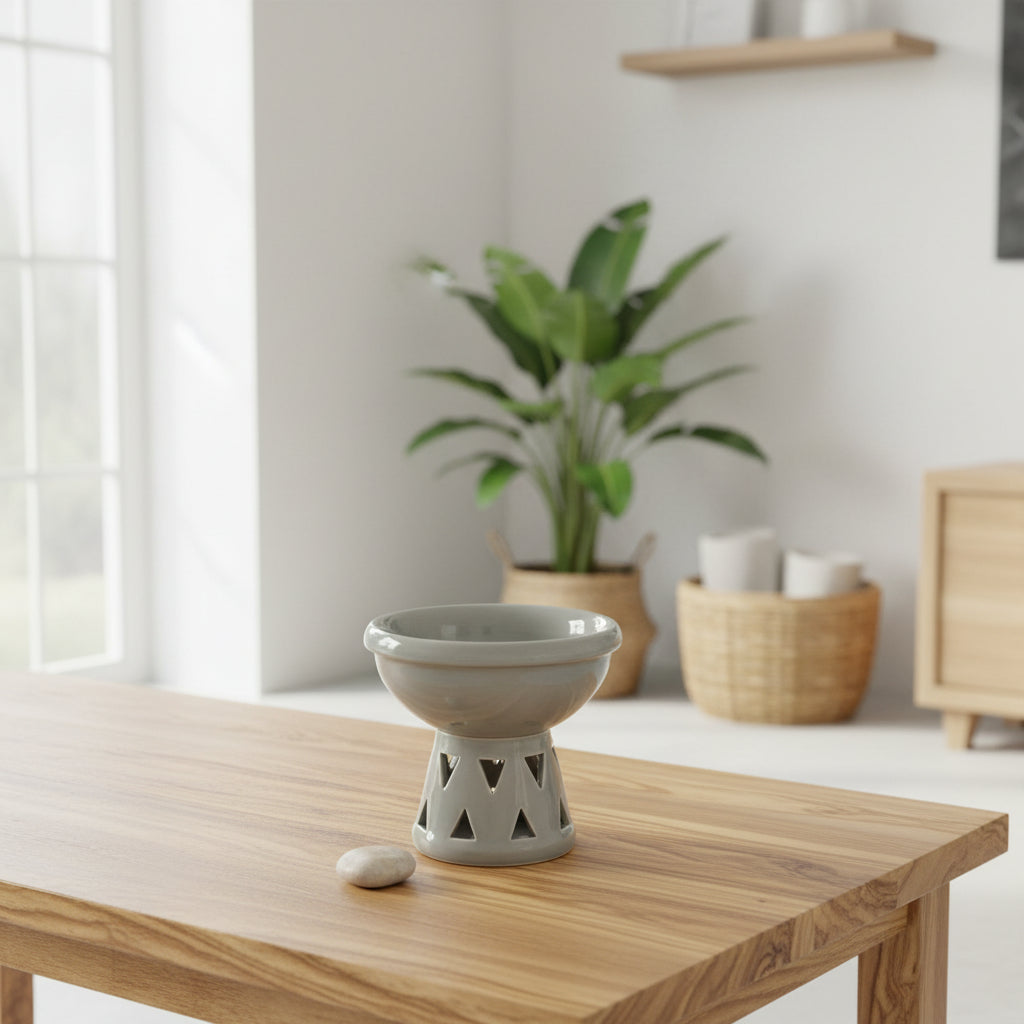 Ceramic diffuser on a wooden table with a plant and basket in the background