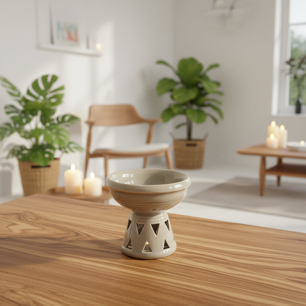 Ceramic diffuser on a wooden table with a blurred living room background