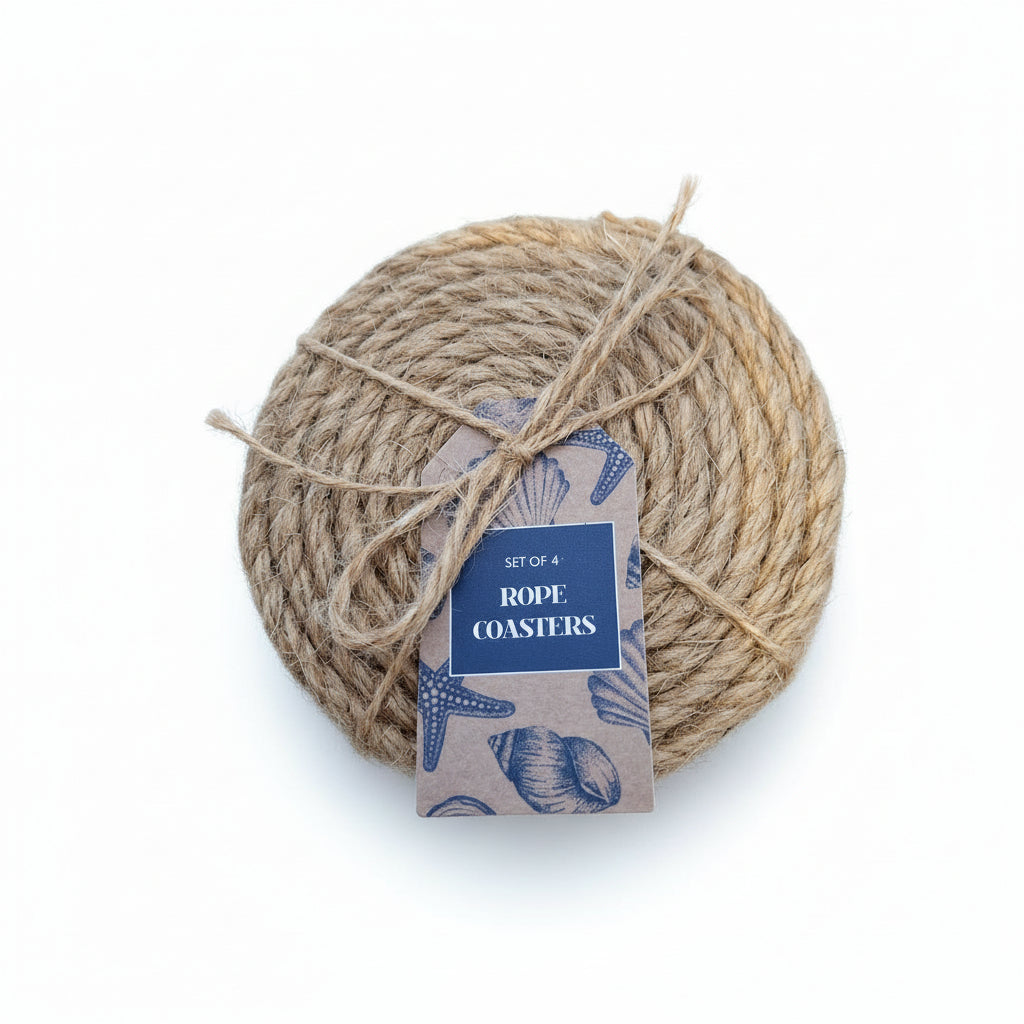 Pack of rope coasters with a label on a white background