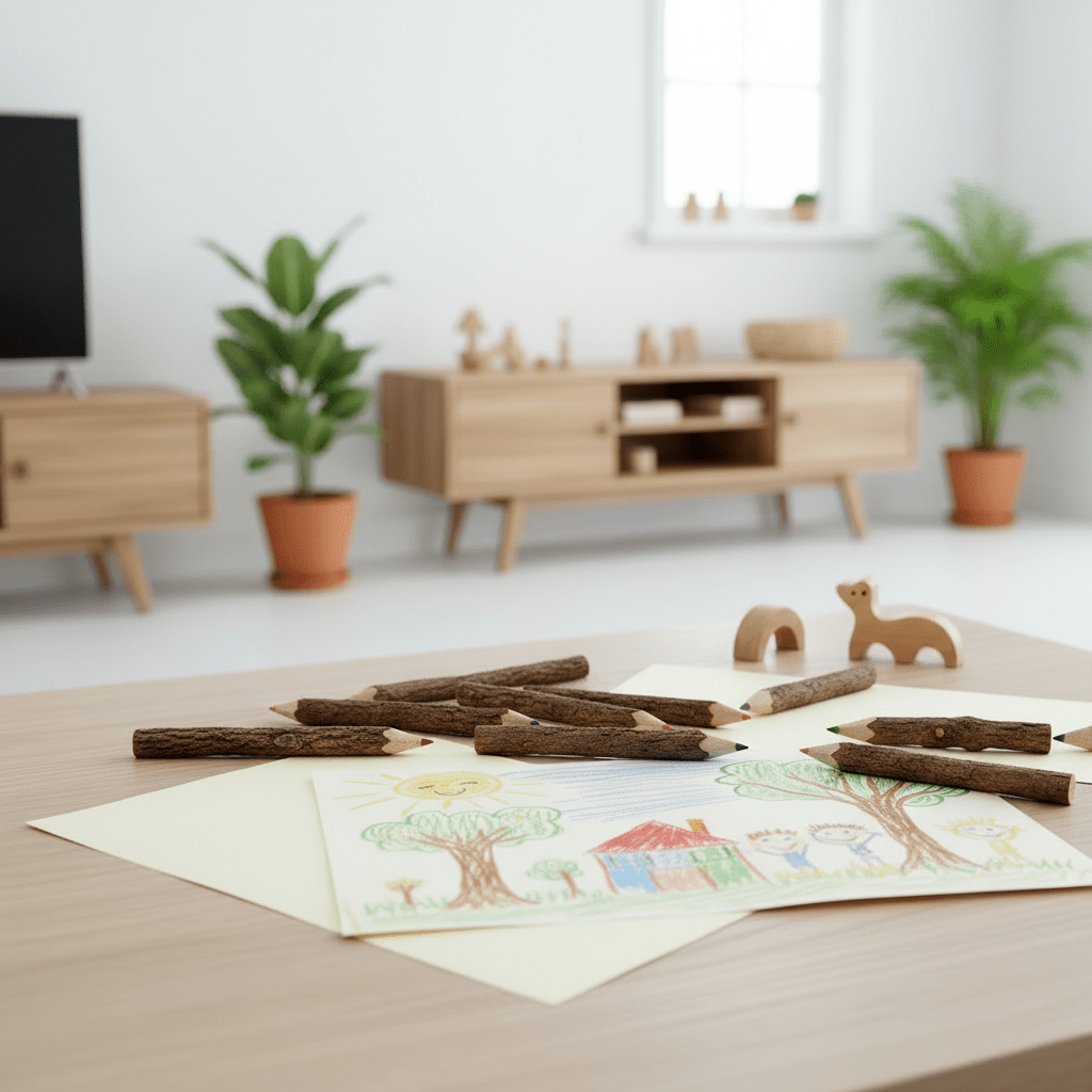 childs pencils on a table with colouful drawings.