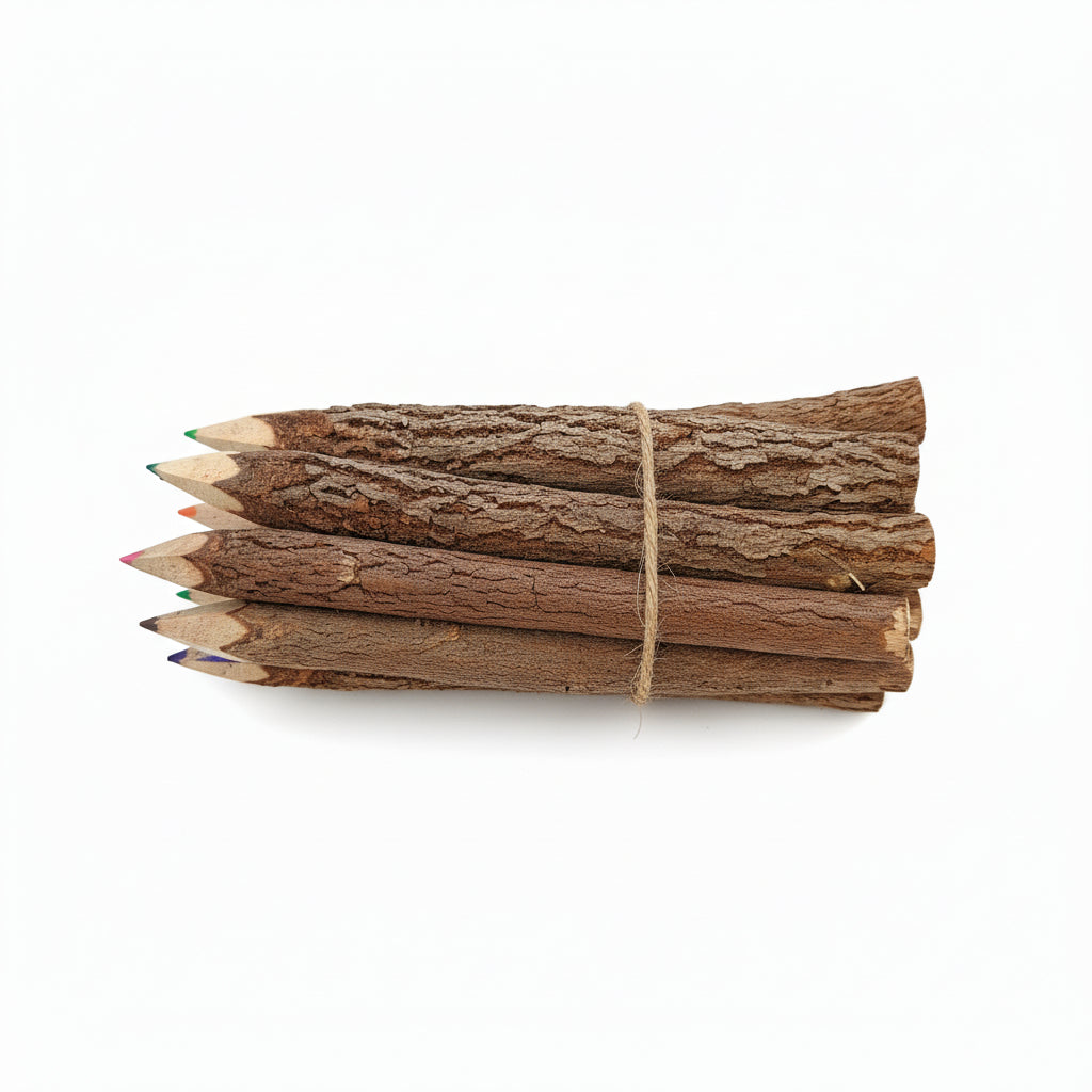 Set of wooden colored pencils tied together on a white background