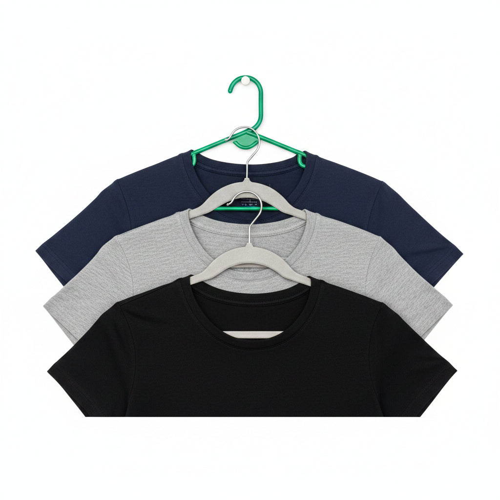 Three t-shirts in black, gray, and navy on hangers against a white background