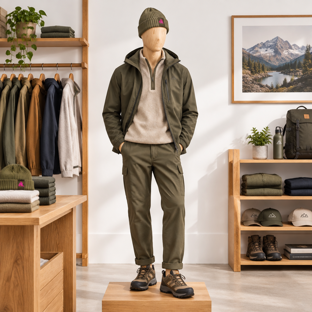 A mannequin dressed in an olive green hooded jacket, beige quarter-zip sweater, olive pants, and hiking boots stands in a styled clothing store interior with shelves, folded garments, and framed wall art.