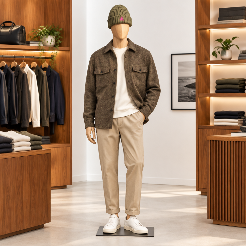 A mannequin dressed in a brown textured button-up overshirt, white crew-neck T-shirt, beige trousers, and white sneakers stands inside a modern clothing boutique with wood shelving and garments visible in the background.