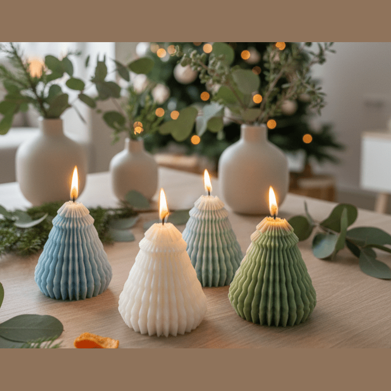 Three lit candles with textured finishes on a table with greenery and decorative vases in the background.