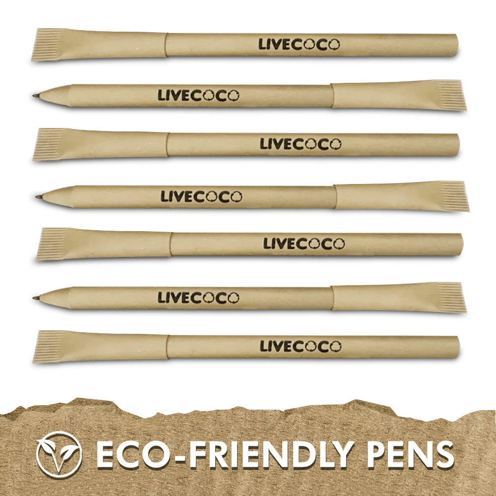 Livecoco eco-friendly pens arranged in a row with 'Eco-Friendly Pens' text below.