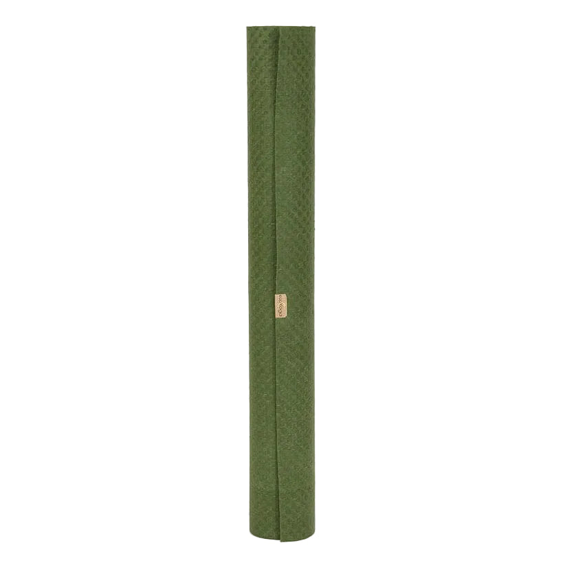 Green textured roll-up yoga mat with a brand logo on a white background