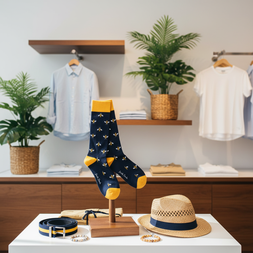 A pair of navy blue socks with a yellow and white bee pattern are displayed on a wooden stand in a styled retail setting. A matching navy and yellow belt, a straw hat with a navy band, and jewelry are arranged on a white table in front of a clothing display with shirts and potted plants.