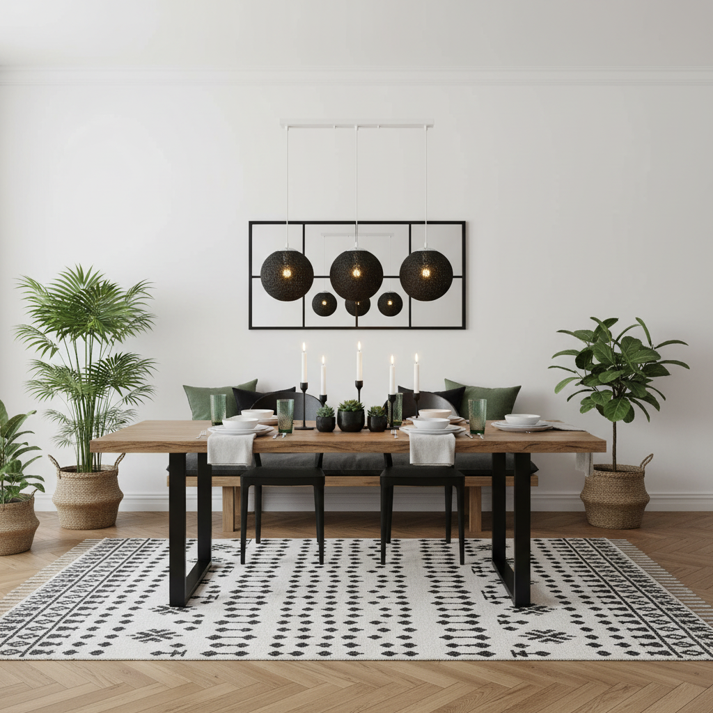 A styled dining room scene featuring a rectangular wooden dining table with black metal legs, matching black chairs, a black pendant light fixture, a black-framed mirror, a black and white patterned rug, and several potted green plants.