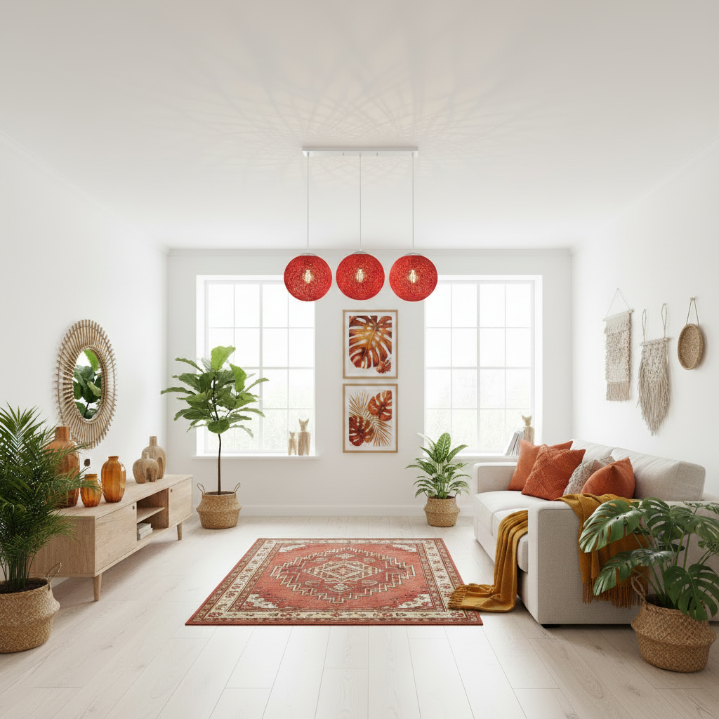 3-Head Red Bamboo Wicker Pendant Lights