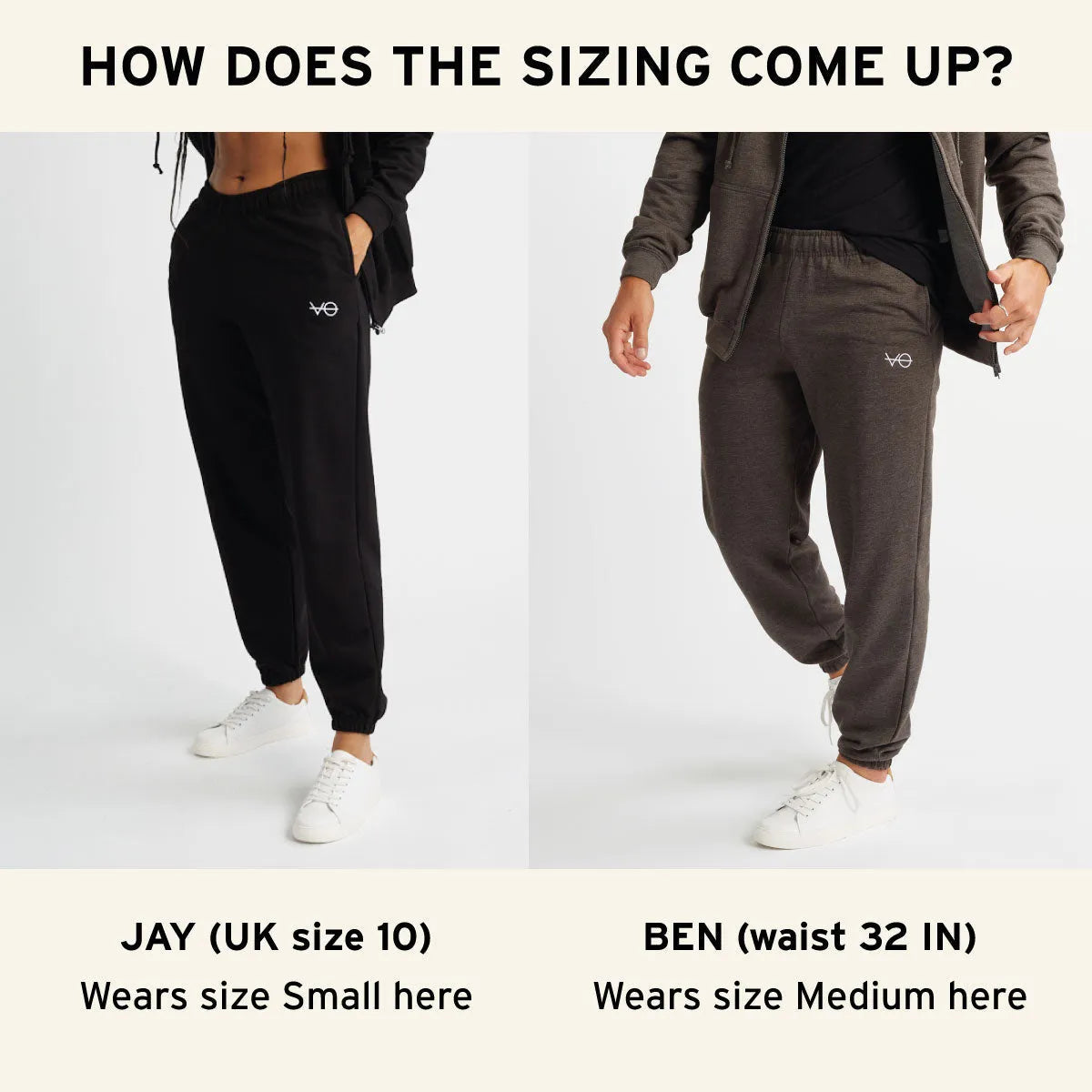 Two people wearing jogger pants with text explaining sizing based on waist measurements.