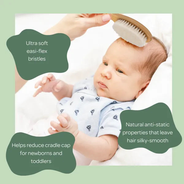 Adult gently brushing a baby’s hair with a bamboo-handled Mama Bamboo hairbrush, alongside supplier product information