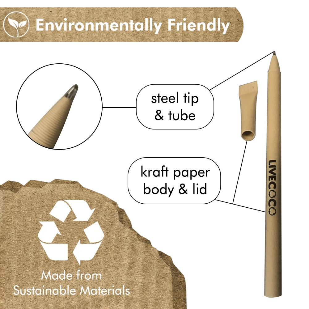 Environmentally friendly pencil with kraft paper body and lid, steel tip and tube, and LiveCo branding on a green background.