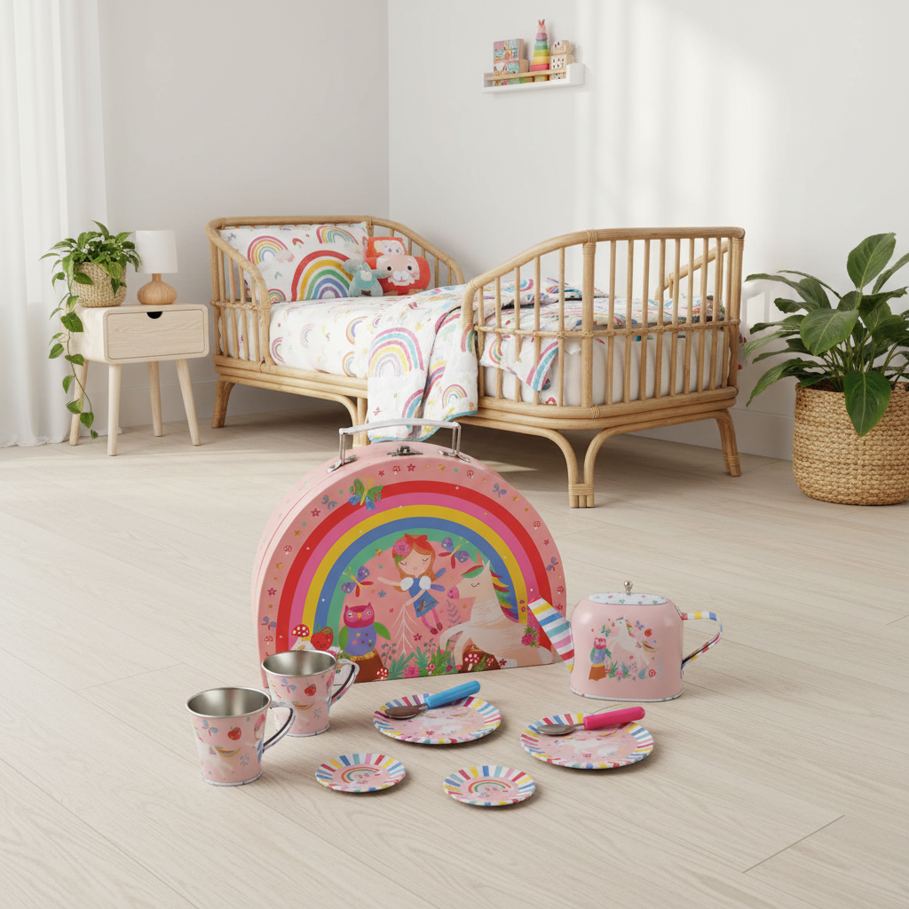 A children's tea-time set arranged in a bright nursery room, including a pink suitcase-style case, teapot, cups, saucers, and plates with rainbow and owl illustrations. A wooden crib, matching bedding, bedside table, and potted plants are visible in the room.