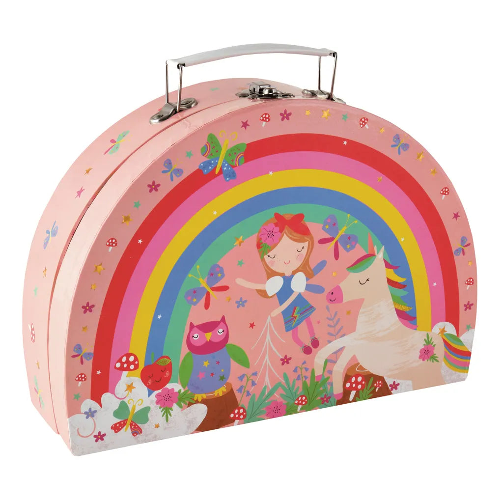 Children's teaset in a case with a colourful design featuring a girl, unicorn, and rainbow on a pink background.