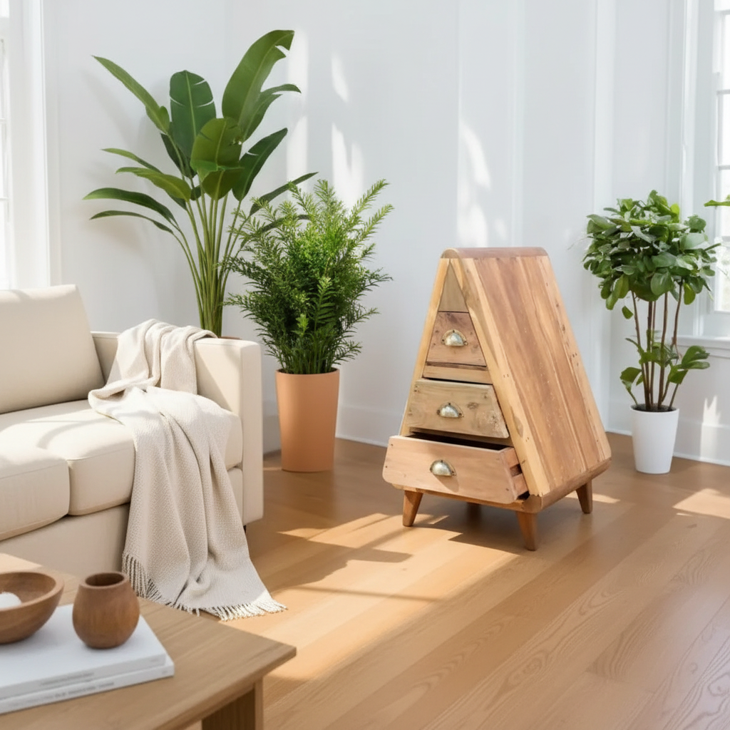 A triangular wooden chest of drawers with three drawers and metal knobs, styled in a bright, modern living room next to a beige sofa and potted plants.