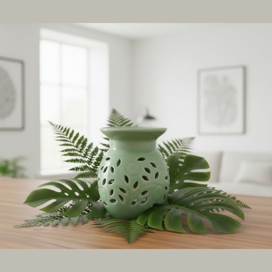 Green ceramic diffuser with leaves on a wooden surface in a room.
