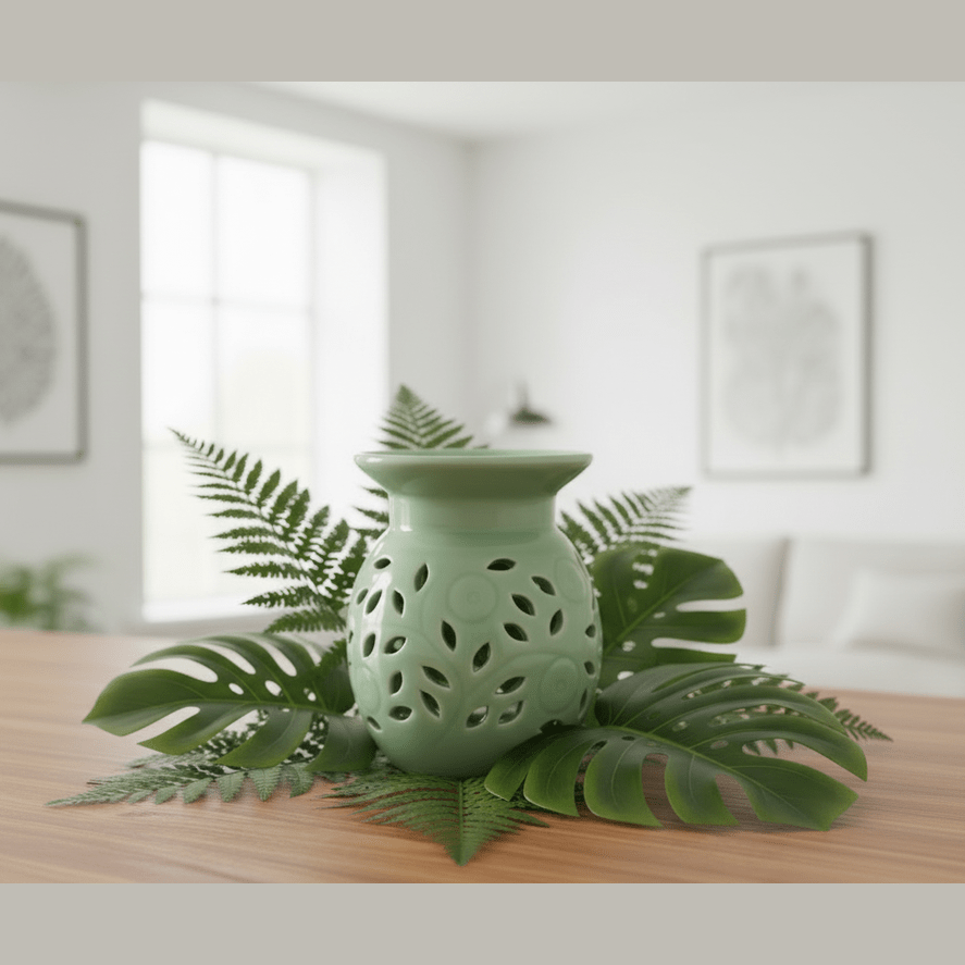 Green ceramic diffuser with leaves on a wooden surface in a room.