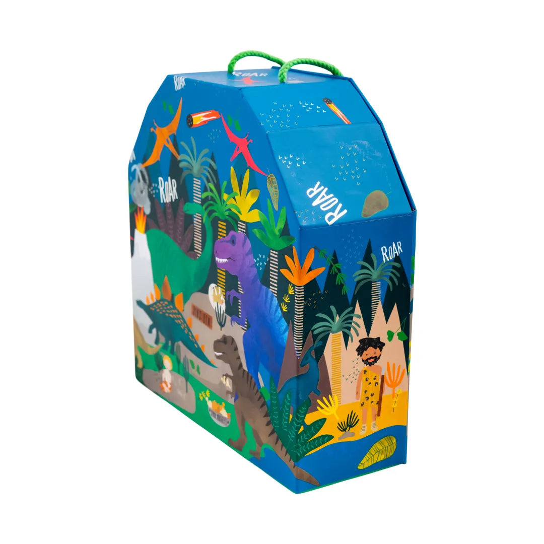 Colorful box with dinosaur illustrations on a white background