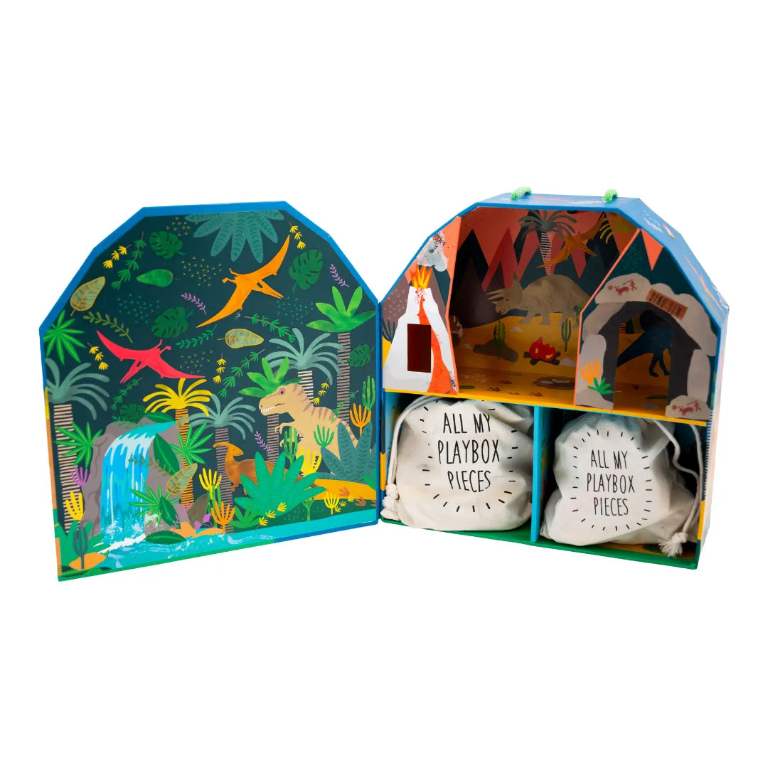 Playset with dinosaur-themed packaging on a white background