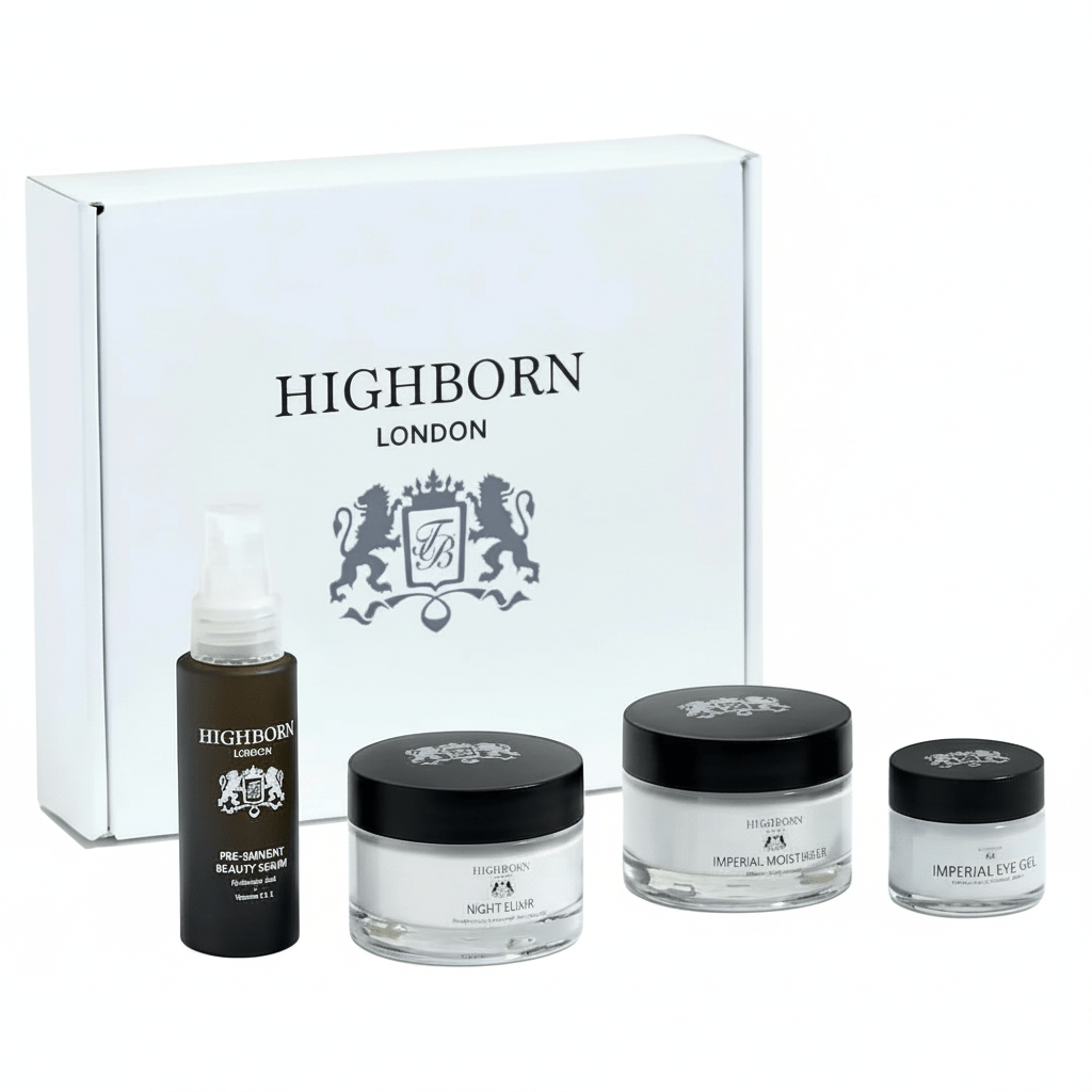 Highborn London skincare products including a bottle, jars, and a box on a white background