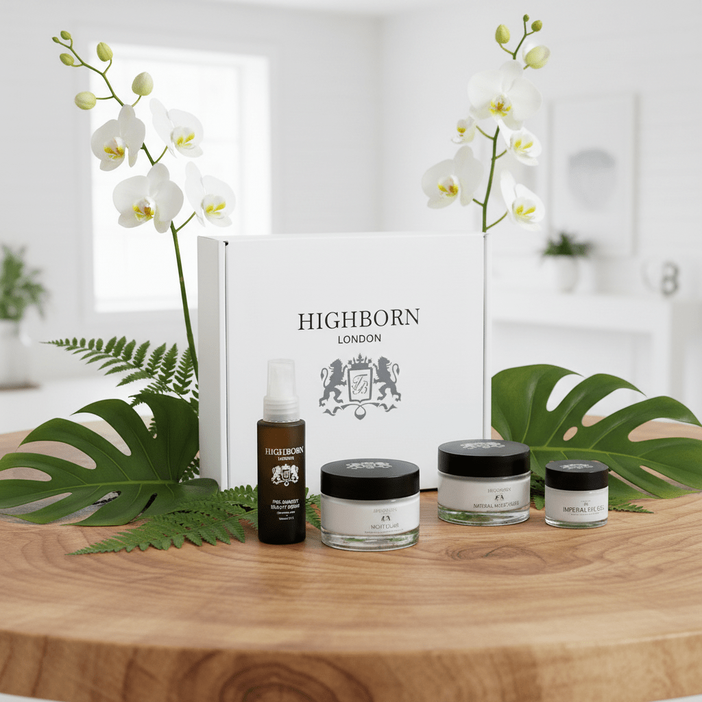 Highborn London skincare products on a wooden surface with greenery