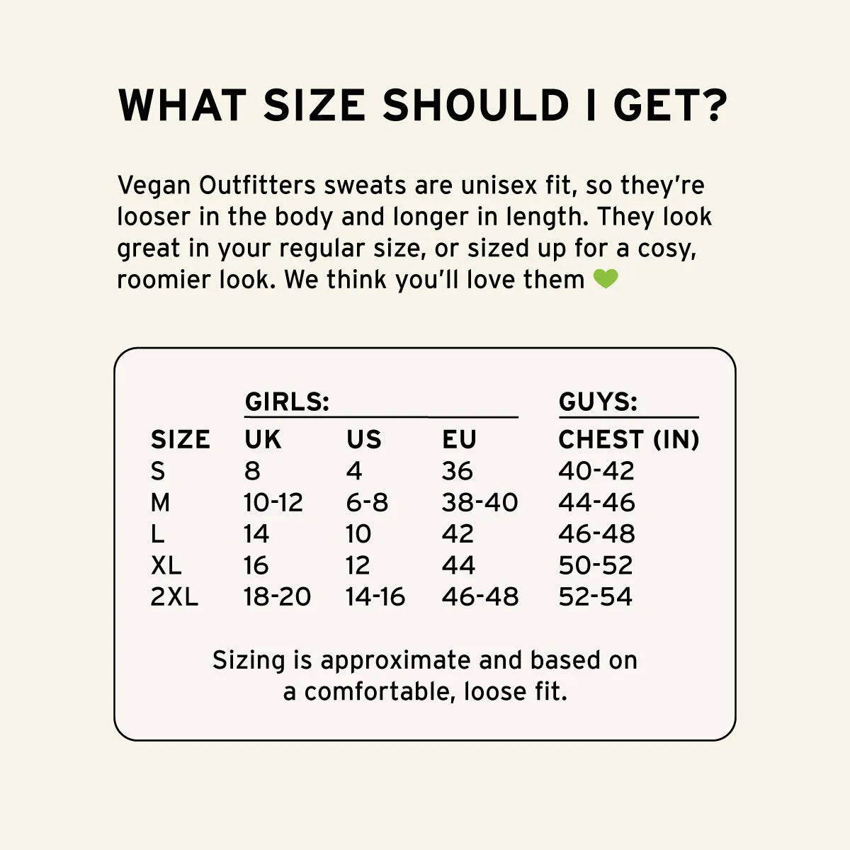 Size chart for Vegan Outfitters sweats with measurements for girls and guys.