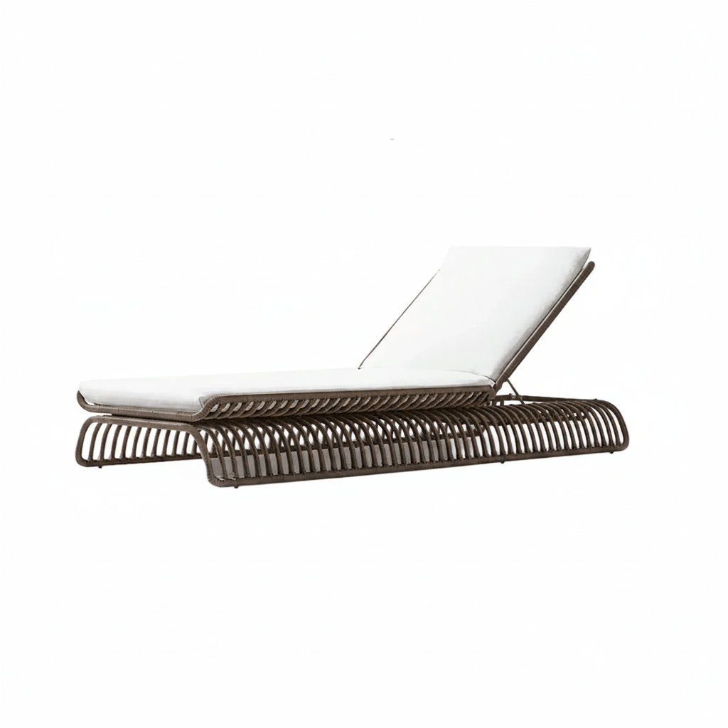 White lounge chair with brown metal frame on a white background
