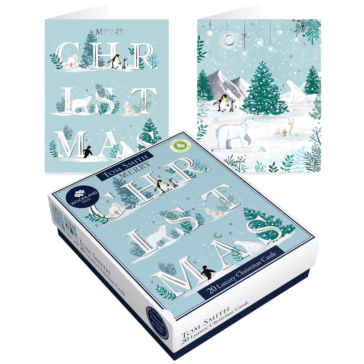 Tom Smith box of 20 Polar Christmas cards with pale blue-green designs featuring polar bears, penguins and snowy evergreen trees.