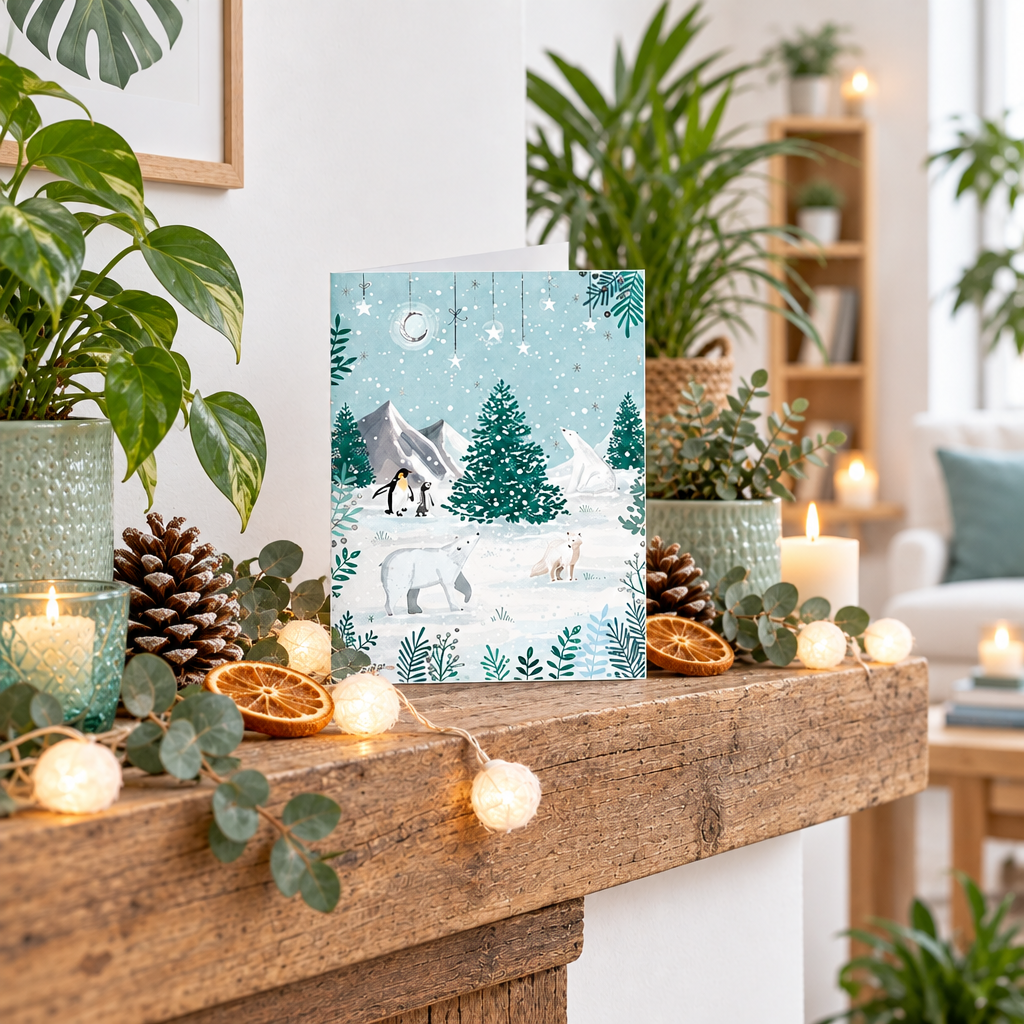 Tom Smith Polar Christmas card featuring polar bears, penguins and evergreen trees in a snowy landscape, displayed on a wooden mantel