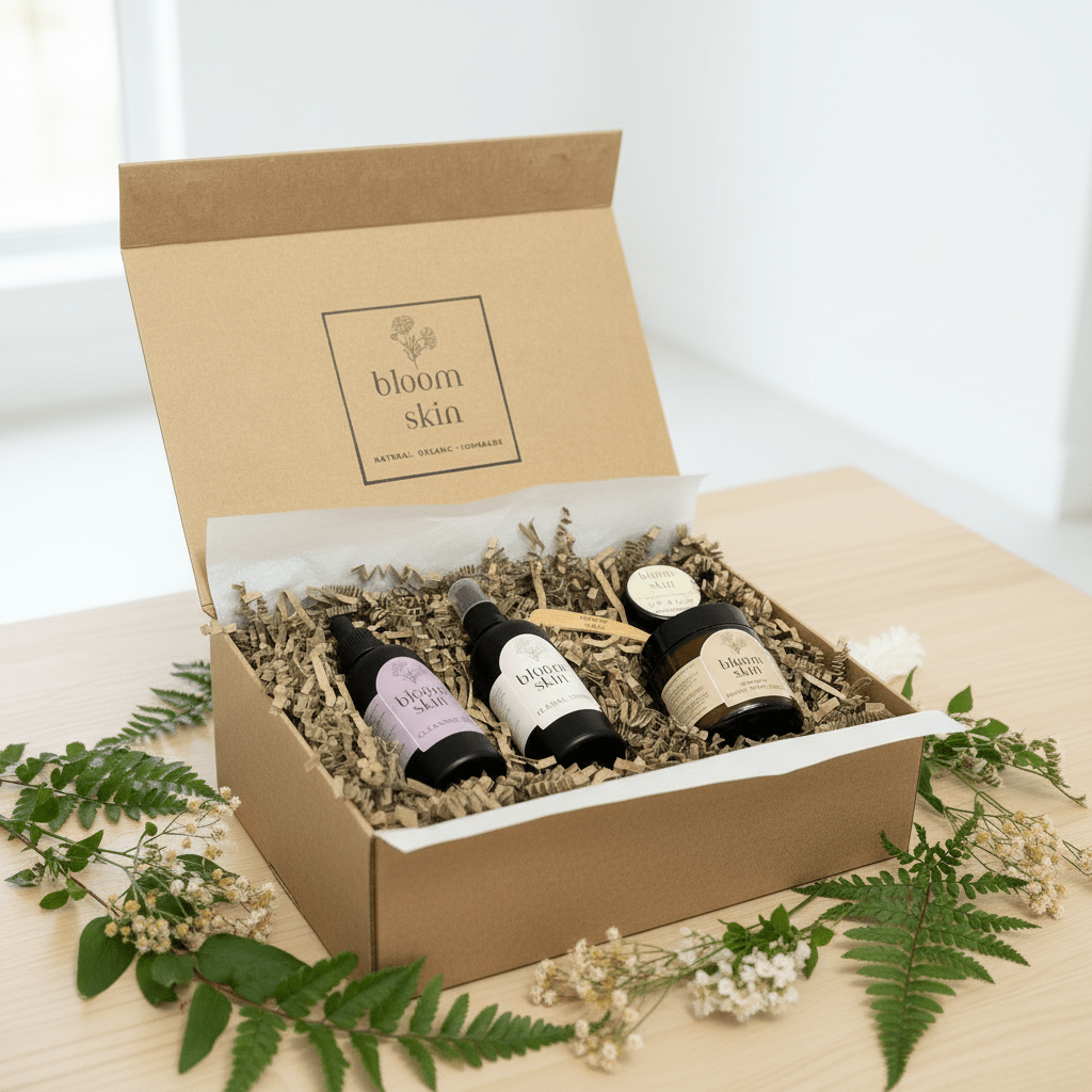 Three bottles in a box labeled 'bloom skin' with decorative plants around.