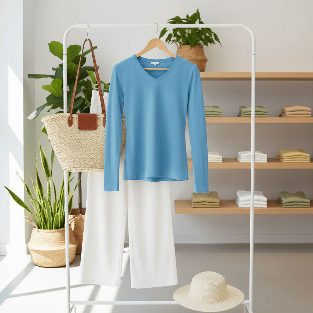 Blue long-sleeve shirt, white pants, and straw bag on a rack with plants and shelves in the background.
