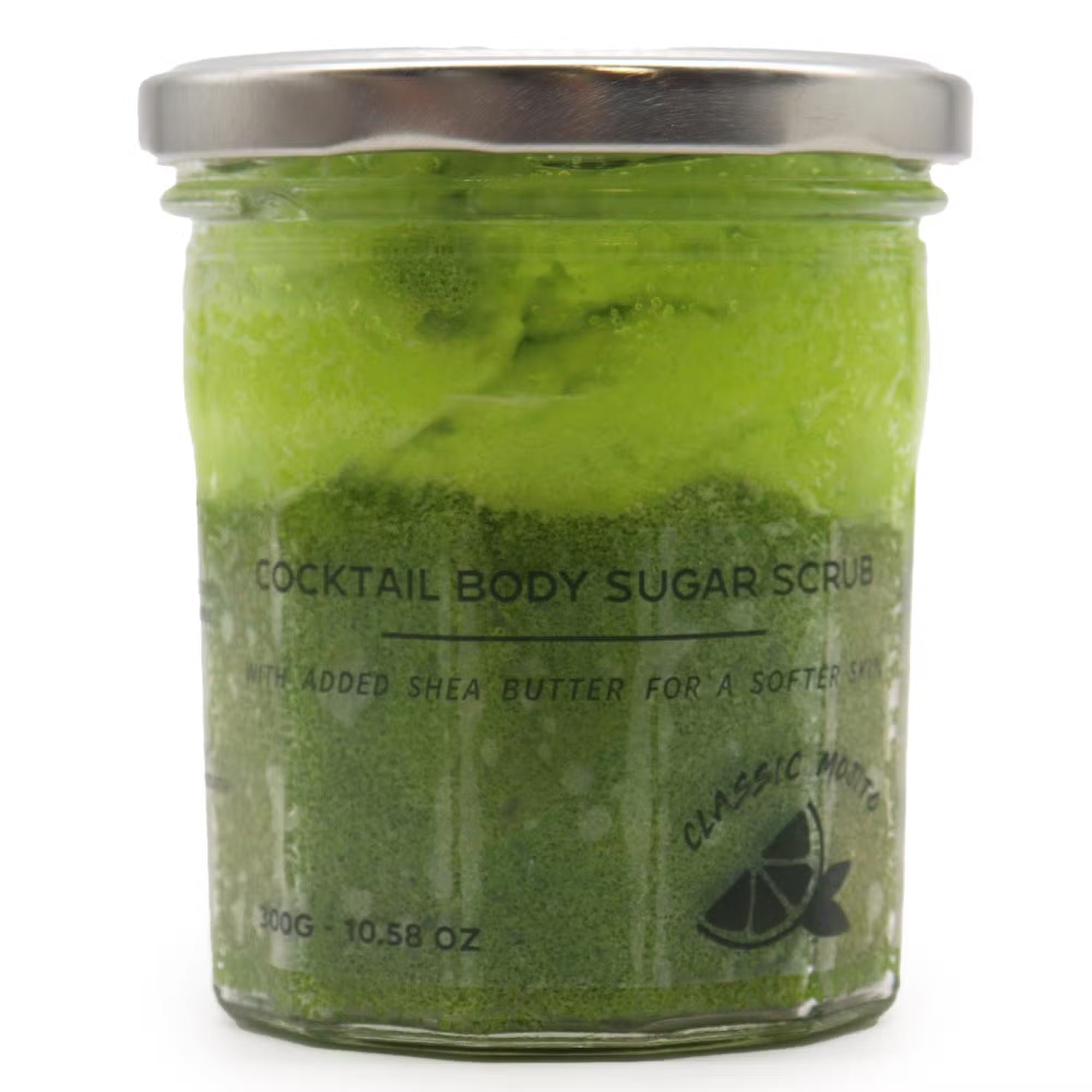 A glass jar of Mojito sugar scrub wih added shea butter.