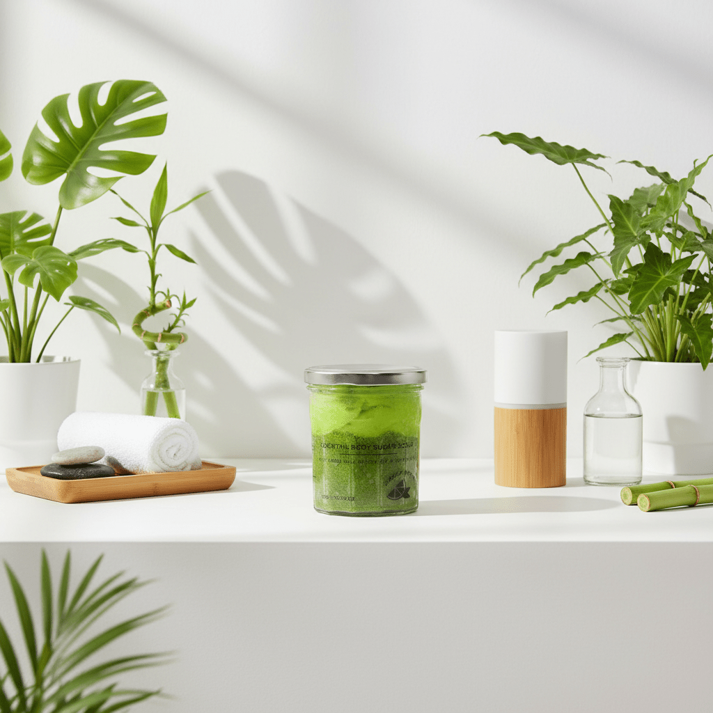 A jar of green sugarscrub, In a modern white bathroom, with bamboo wood, eco-friendly decor, and exotic green plants.