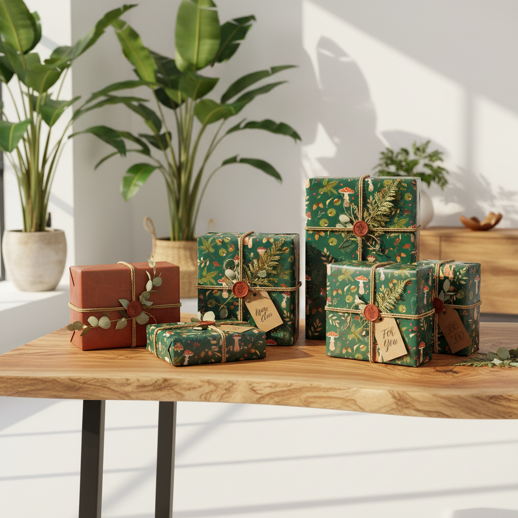A styled arrangement of wrapped gift boxes on a wooden table in a bright indoor setting with potted plants. The boxes are wrapped in decorative paper, including green botanical patterns, a solid rust-red box, and some green wrapping with twine and paper tags.