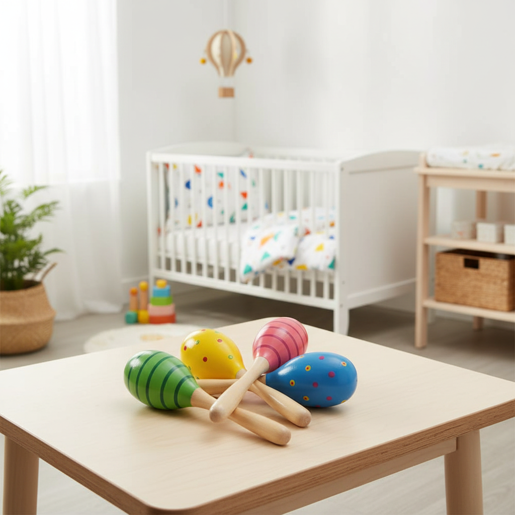 Four colorful wooden toy maracas resting on a light wood table in a softly lit nursery. A white crib, changing table, plant, and toys are visible in the background.