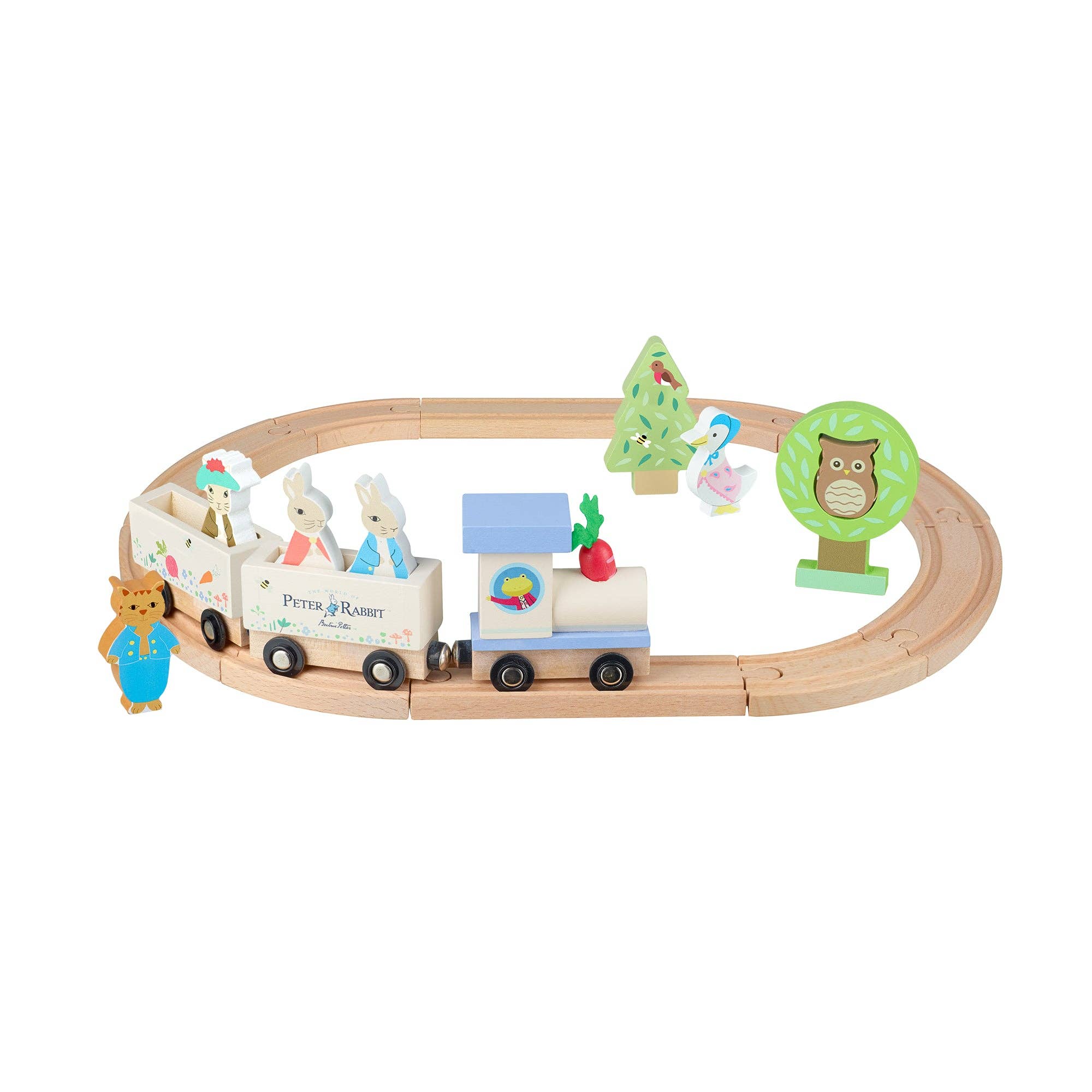 Wooden toy train set with characters and scenery on a white background