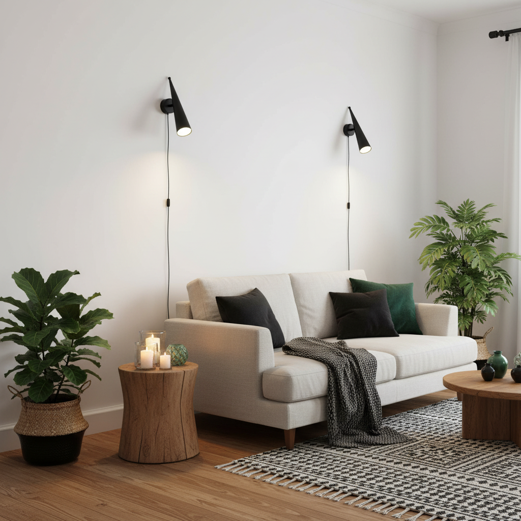 A modern living room scene featuring a light beige fabric sofa styled with black and green throw pillows, a dark gray knit throw blanket, a black wall-mounted sconce above it, and a matching black sconce on the opposite wall. The room has light wood floors, a black-and-white patterned rug, a small wooden side table with lit candles, and potted green plants.